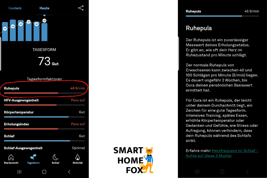 Anzeige des durch den Aura Ring gemessenen Ruhepuls in der Oura-App 